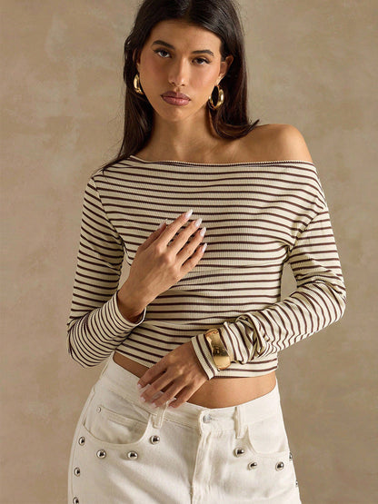 Cardydony Women's Khaki Striped Off Shoulder Rib Knit – Slim Fit Long Sleeve Top