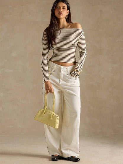 Cardydony Women's Khaki Striped Off Shoulder Rib Knit – Slim Fit Long Sleeve Top