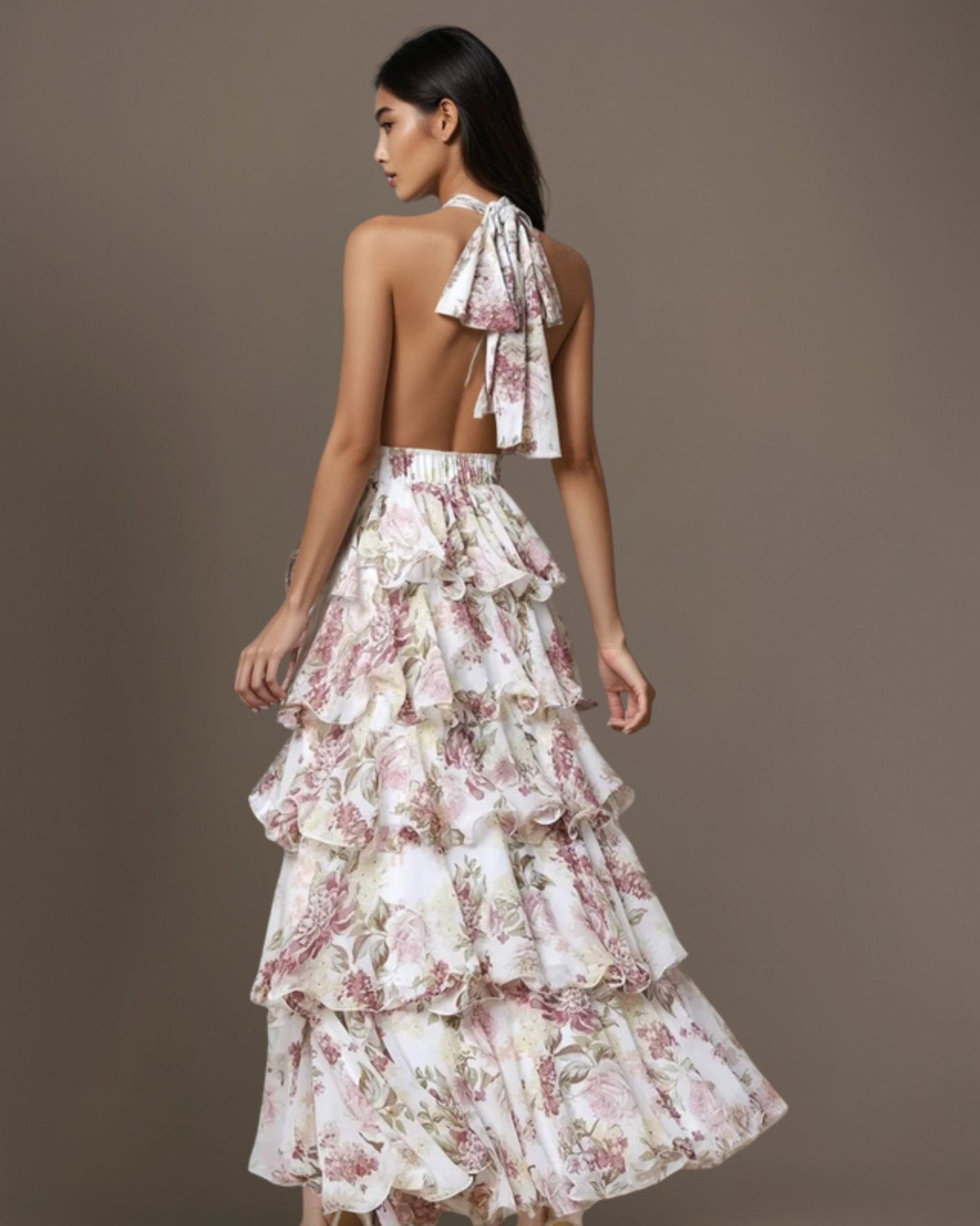 Cardydony Women's Halter Tiered Ruffle Maxi Dress with Floral Print & Waist Detail – Boho Look