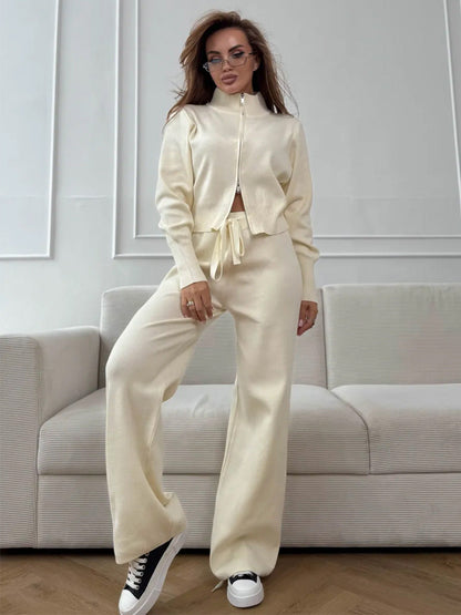 Cardydony Women's Women's Knit 2 Piece Set – Drawstring Wide Leg Pants with Zip Jacket Top