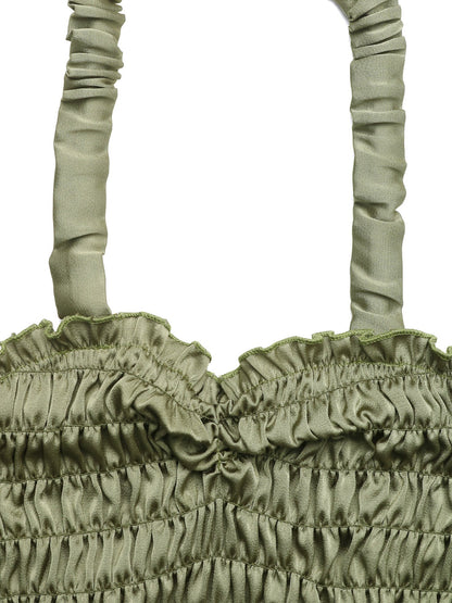 Cardydony Women's Olive Green Satin Ruched Halter Top – Ruffled Crop Tank for Summer