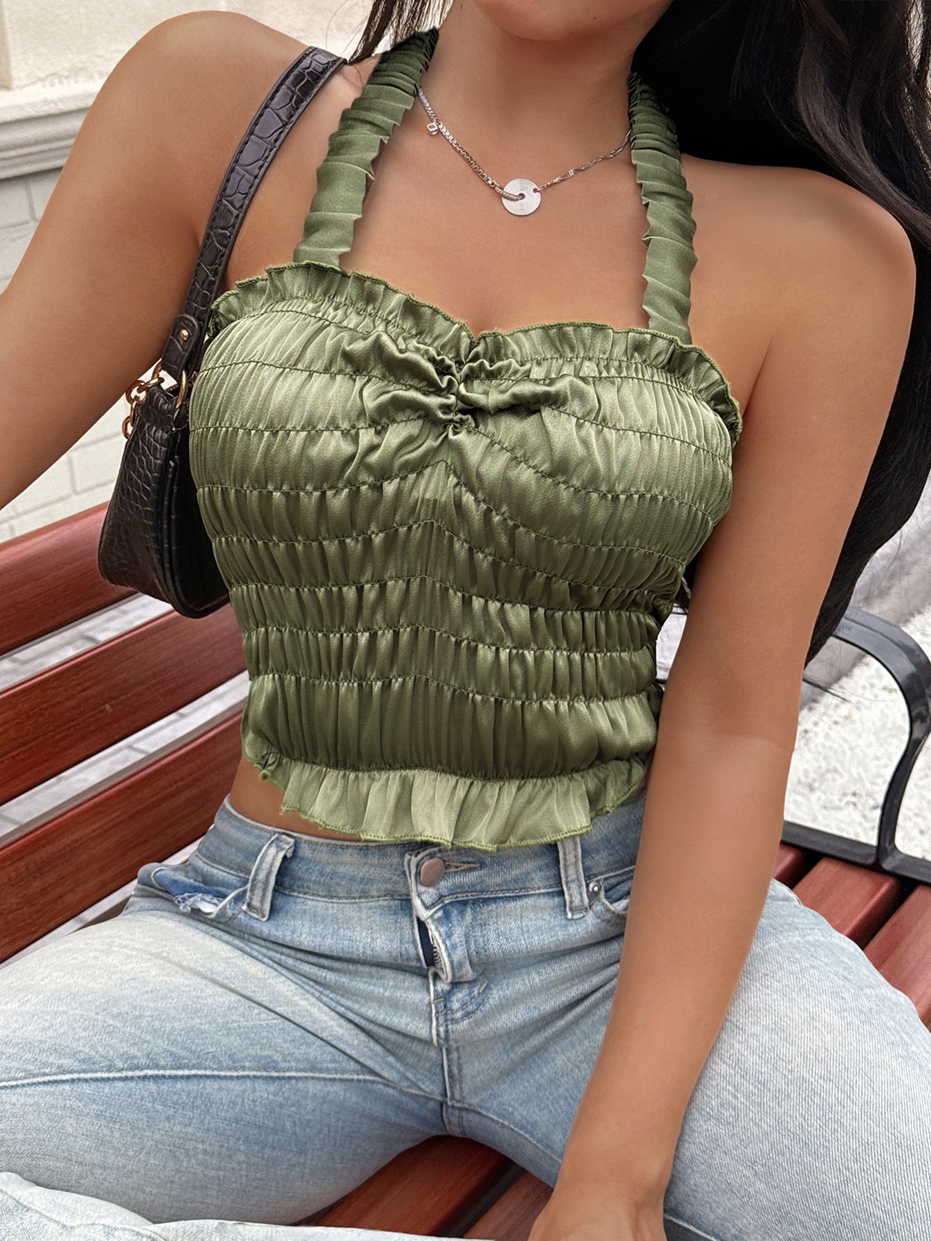 Cardydony Women's Olive Green Satin Ruched Halter Top – Ruffled Crop Tank for Summer