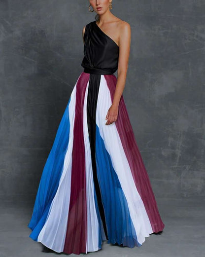 Cardydony Women's Colorblock One Shoulder Summer Maxi Dress | Vacation & Beach Days