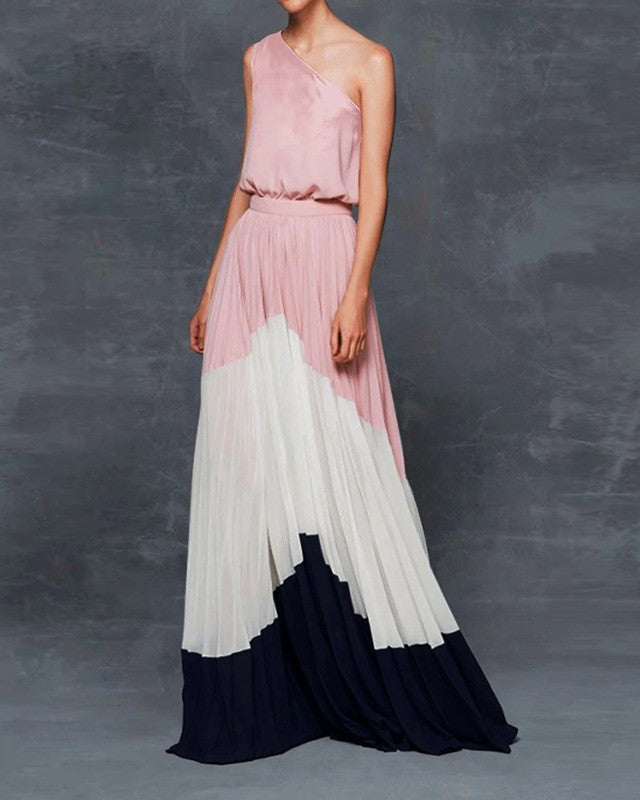 Cardydony Women's Colorblock One Shoulder Summer Maxi Dress | Vacation & Beach Days