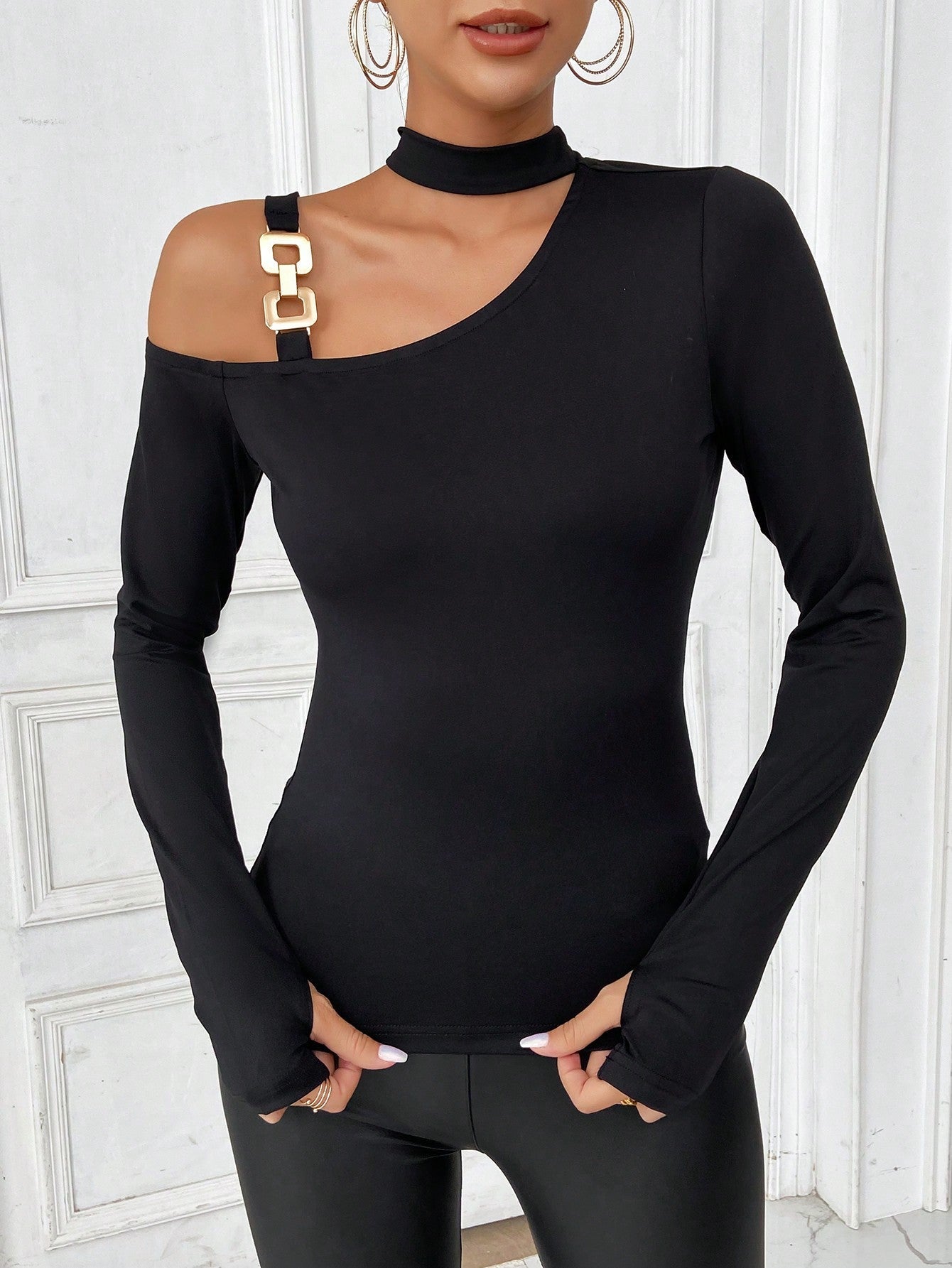 Cardydony Women's Women's One Shoulder Long Sleeve Top – Asymmetric Metal Strap Choker