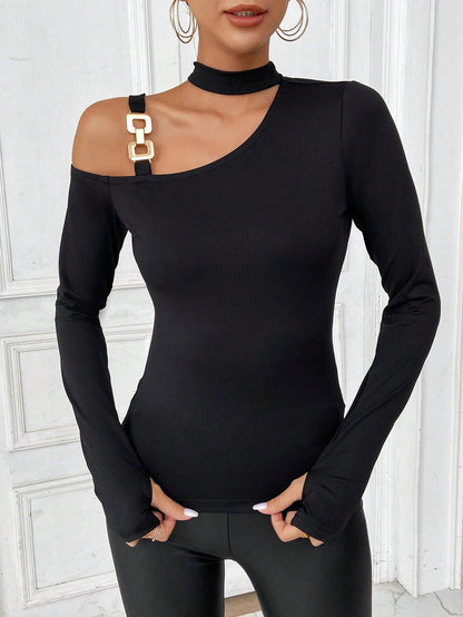 Cardydony Women's Women's One Shoulder Long Sleeve Top – Asymmetric Metal Strap Choker