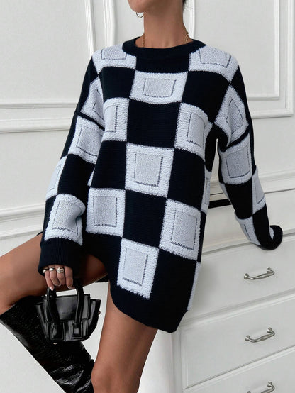 Cardydony Women's Geometric Checkered Mock Neck Knit – Oversized Pullover Sweater