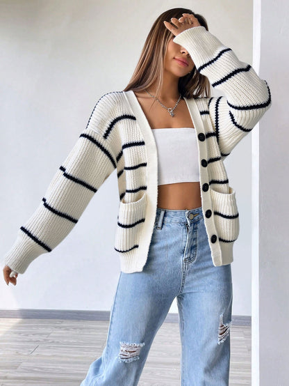 Cardydony Women's White Black Striped Oversized Knit Cardigan – Fall Button Sweater