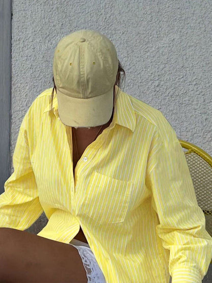 Cardydony Women's Yellow Striped Shirt – Oversized Button Down Long Sleeve