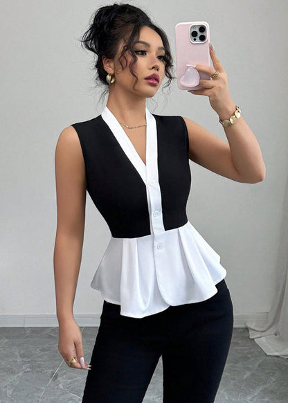 Cardydony Women's Sleeveless Peplum Top for Women – Elegant Black and White Blouse