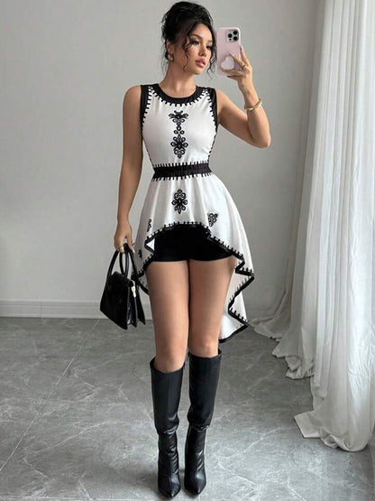 Cardydony Women's Asymmetrical Embroidered Peplum Top – Sleeveless Elegant Statement Style