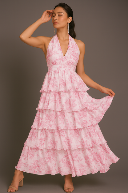 Cardydony Women's Halter Tiered Ruffle Maxi Dress with Floral Print & Waist Detail – Boho Look