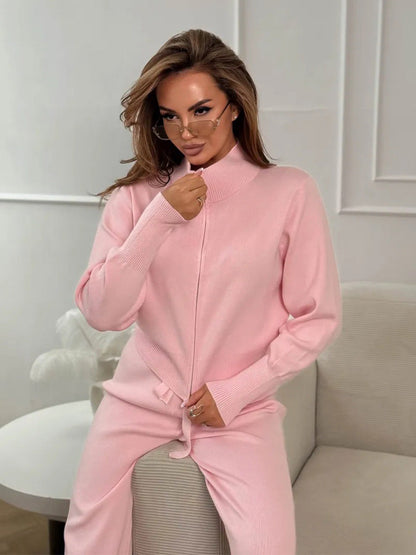 Cardydony Women's Women's Knit 2 Piece Set – Drawstring Wide Leg Pants with Zip Jacket Top