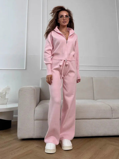 Cardydony Women's Women's Knit 2 Piece Set – Drawstring Wide Leg Pants with Zip Jacket Top