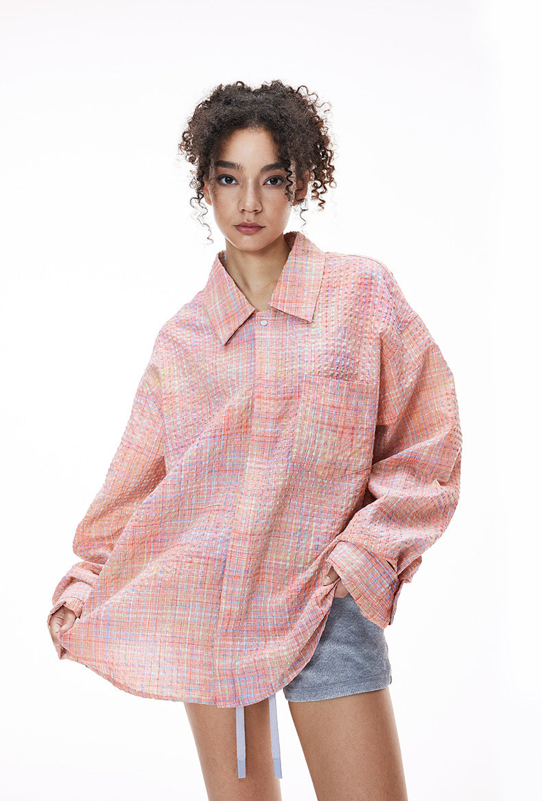 Cardydony Women's Plaid Shirt Oversized Button Up Seersucker Texture Curved Hem – Women's Layer