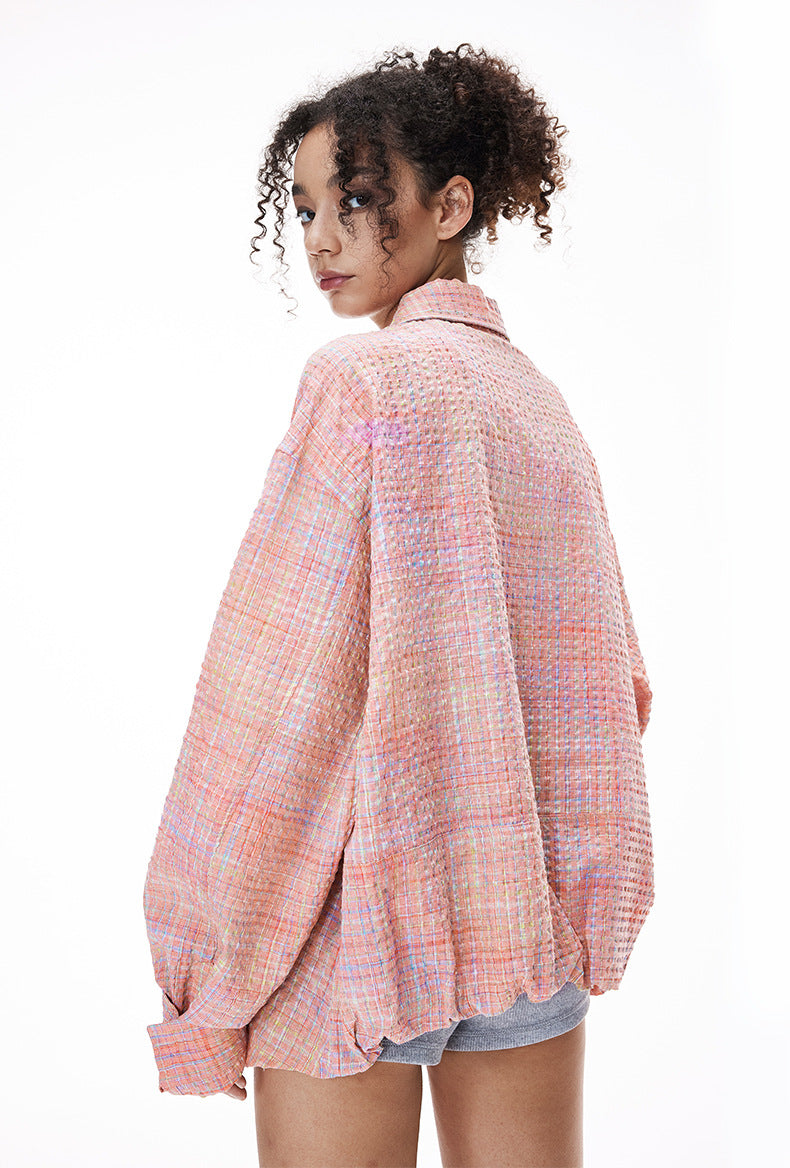 Cardydony Women's Plaid Shirt Oversized Button Up Seersucker Texture Curved Hem – Women's Layer