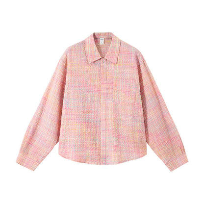 Cardydony Women's Plaid Shirt Oversized Button Up Seersucker Texture Curved Hem – Women's Layer