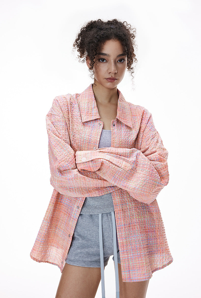 Cardydony Women's Plaid Shirt Oversized Button Up Seersucker Texture Curved Hem – Women's Layer