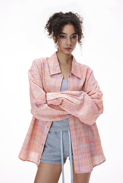 Cardydony Women's Plaid Shirt Oversized Button Up Seersucker Texture Curved Hem – Women's Layer