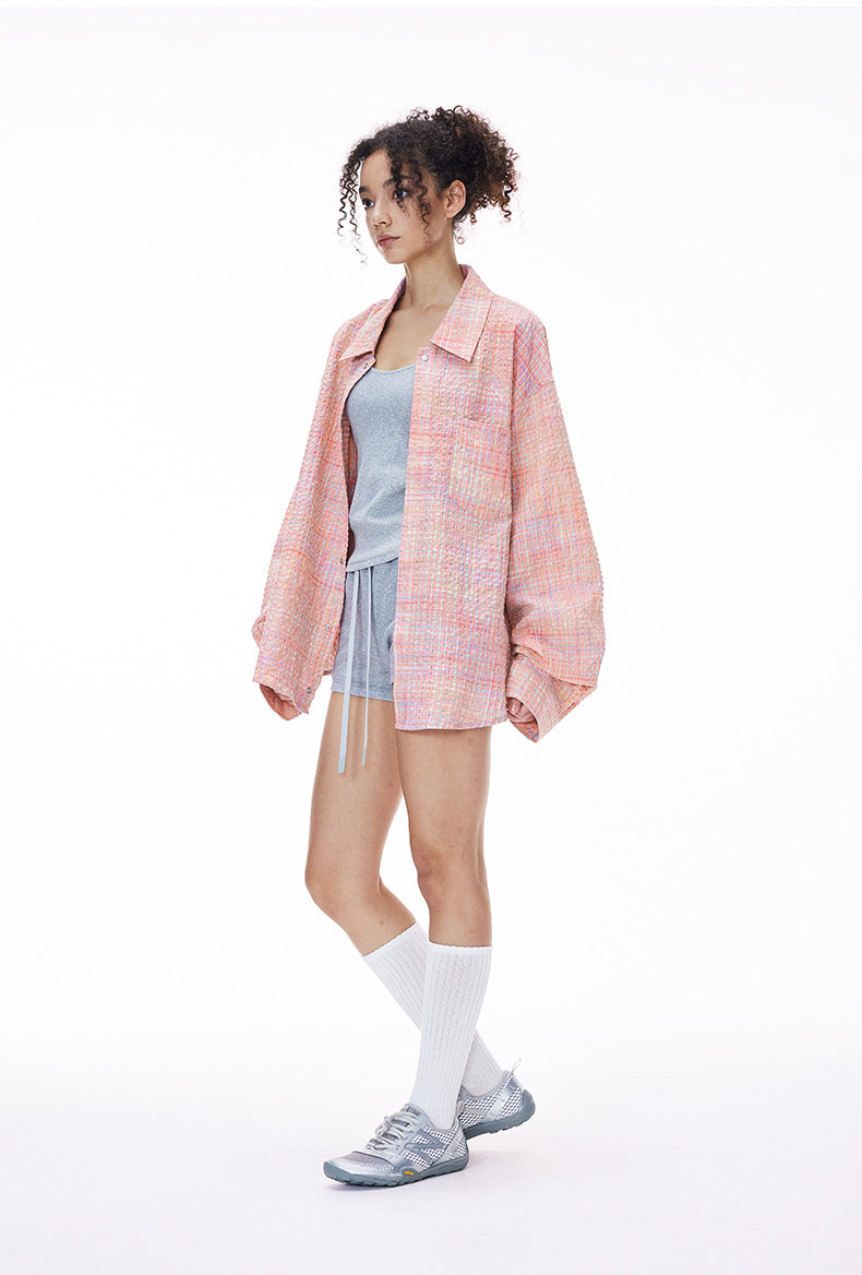 Cardydony Women's Plaid Shirt Oversized Button Up Seersucker Texture Curved Hem – Women's Layer