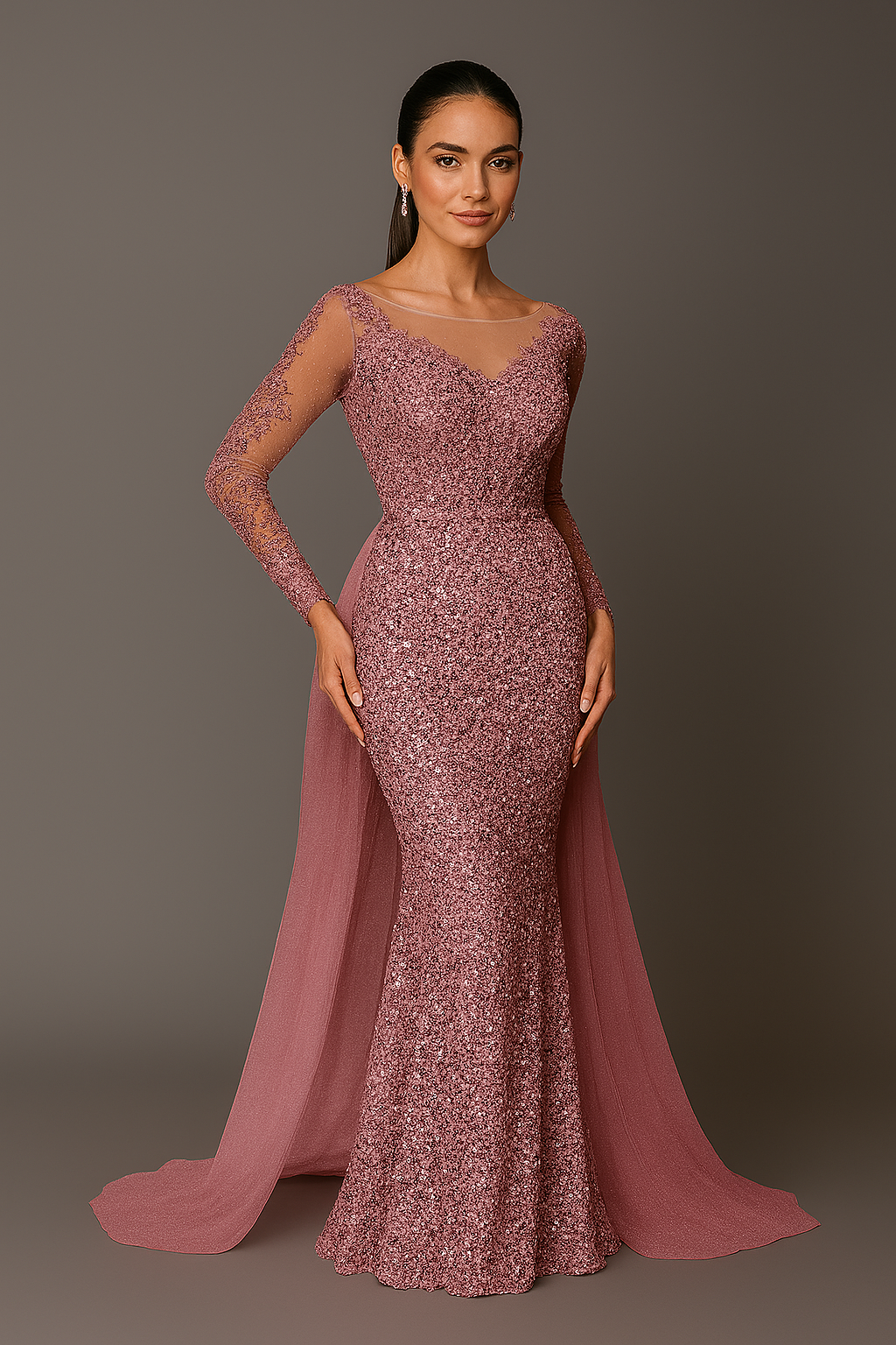 Cardydony Women's Sequin Long Sleeve Mermaid Dress with Sheer Overlay & V Back – Formal Gown