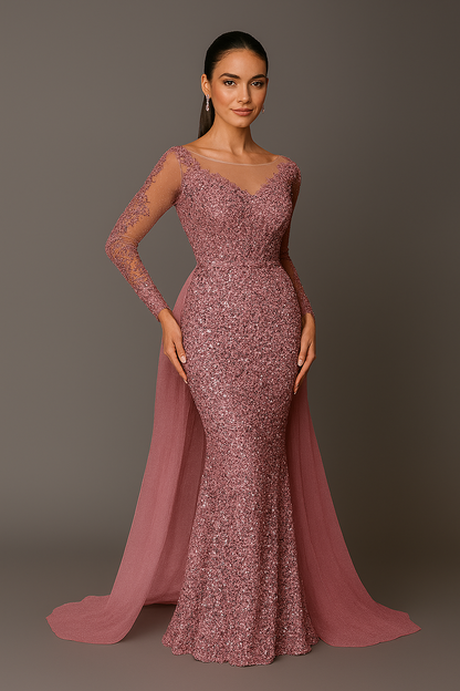 Cardydony Women's Sequin Long Sleeve Mermaid Dress with Sheer Overlay & V Back – Formal Gown
