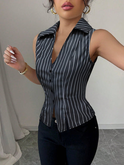 Cardydony Women's Tailored Pinstripe Sleeveless Shirt Top with Button Front – Summer Workwear