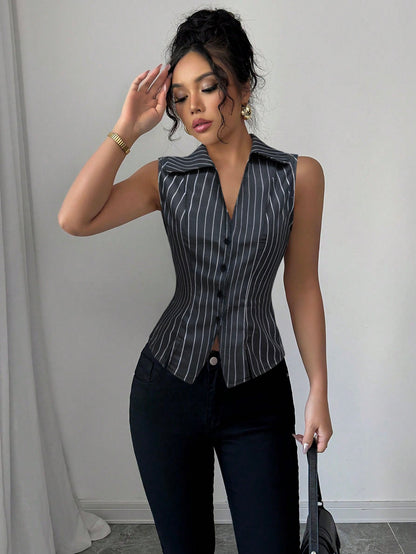 Cardydony Women's Tailored Pinstripe Sleeveless Shirt Top with Button Front – Summer Workwear