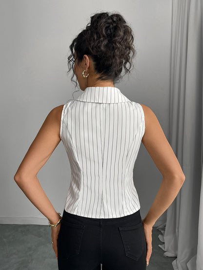 Cardydony Women's Tailored Pinstripe Sleeveless Shirt Top with Button Front – Summer Workwear