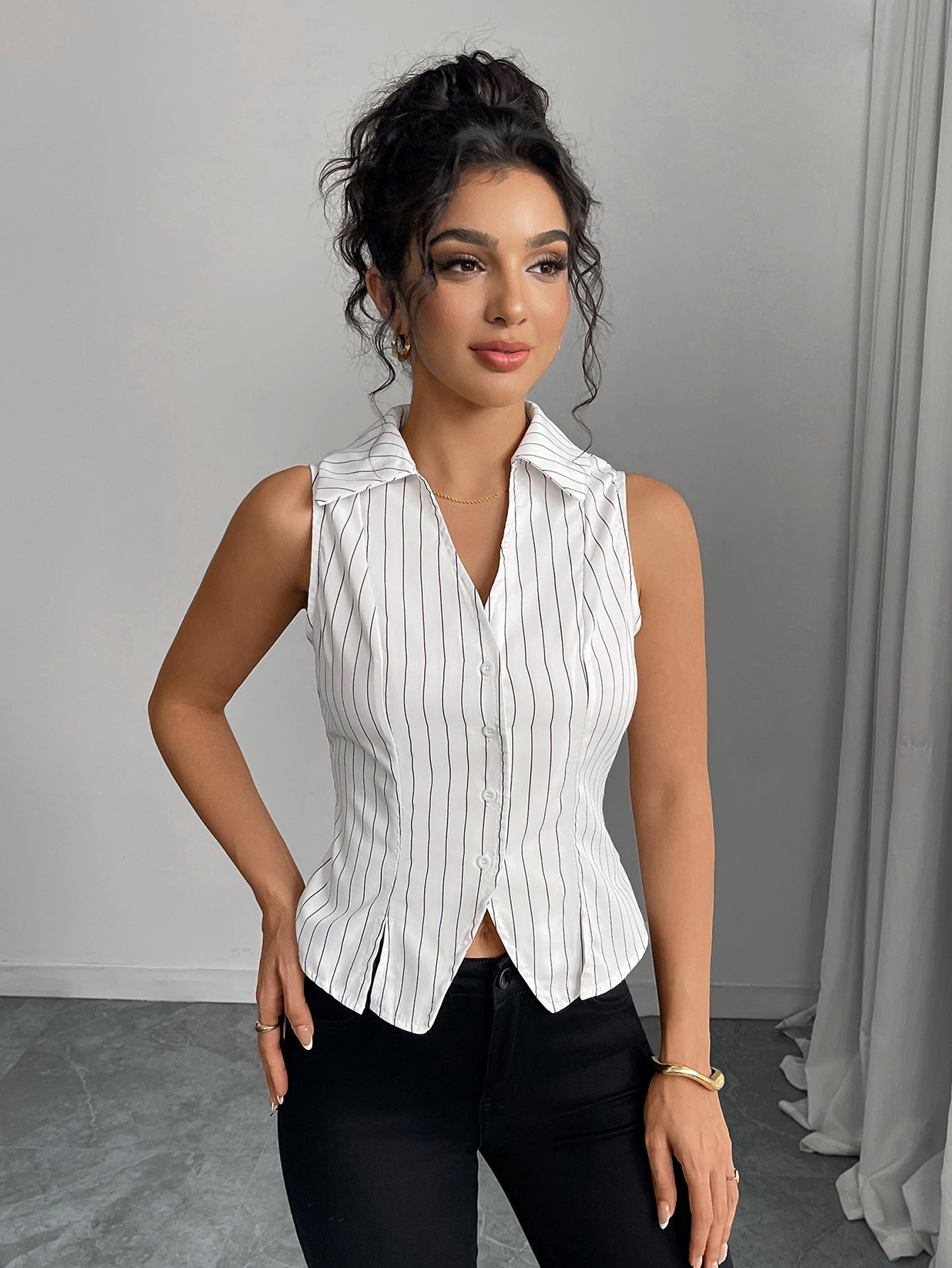 Cardydony Women's Tailored Pinstripe Sleeveless Shirt Top with Button Front – Summer Workwear