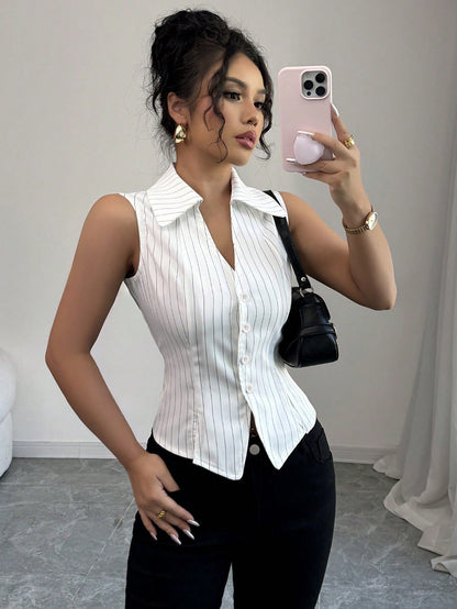 Cardydony Women's Tailored Pinstripe Sleeveless Shirt Top with Button Front – Summer Workwear