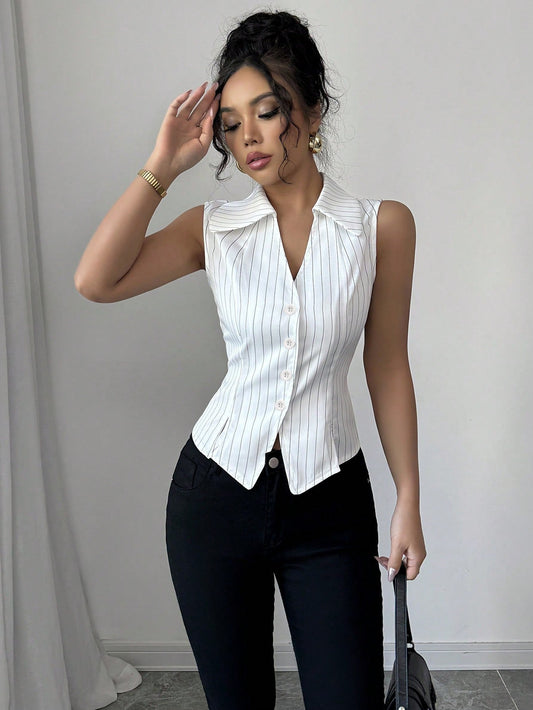 Cardydony Women's Tailored Pinstripe Sleeveless Shirt Top with Button Front – Summer Workwear