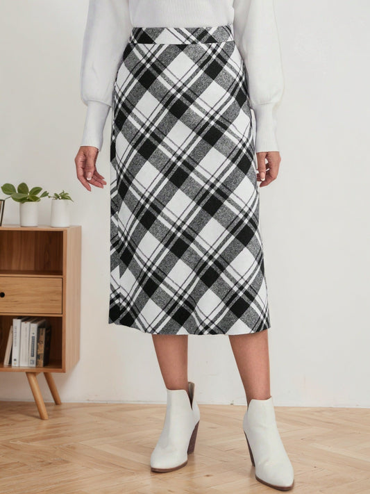Cardydony Women's Black White Plaid High Waisted A-Line Skirt – Fall Midi Skirt