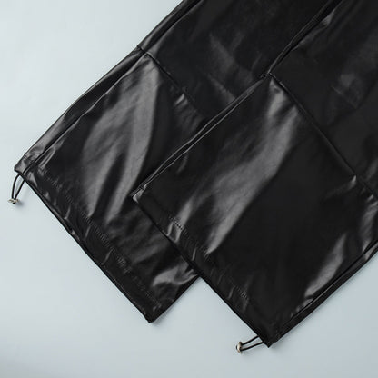 Cardydony Women's PU Leather Women's Pants – Wide Leg Streetwear Drawstring Trousers