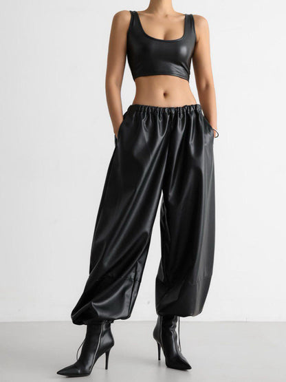 Cardydony Women's PU Leather Women's Pants – Wide Leg Streetwear Drawstring Trousers
