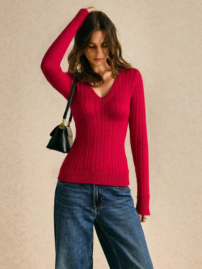 Cardydony Women's Women's Christmas Knit Sweater – Red Cable Knit V-Neck Pullover