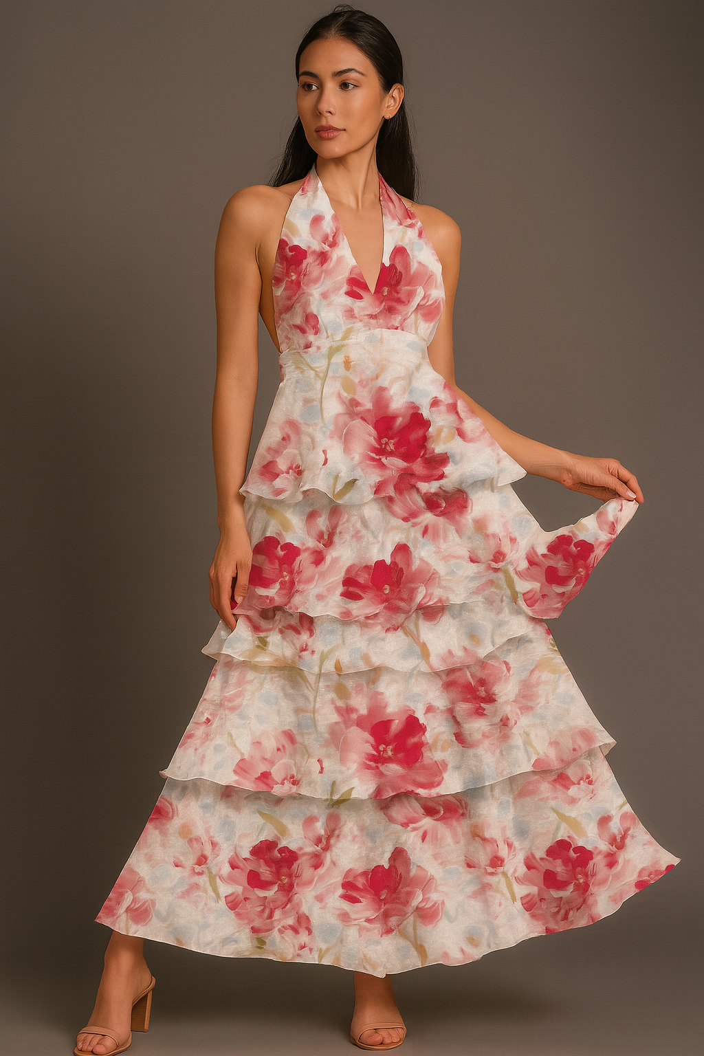 Cardydony Women's Halter Tiered Ruffle Maxi Dress with Floral Print & Waist Detail – Boho Look