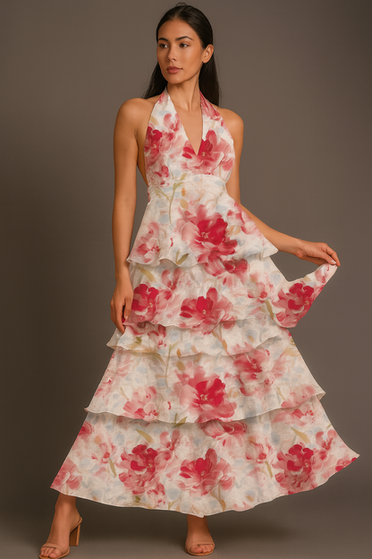 Cardydony Women's Halter Tiered Ruffle Maxi Dress with Floral Print & Waist Detail – Boho Look