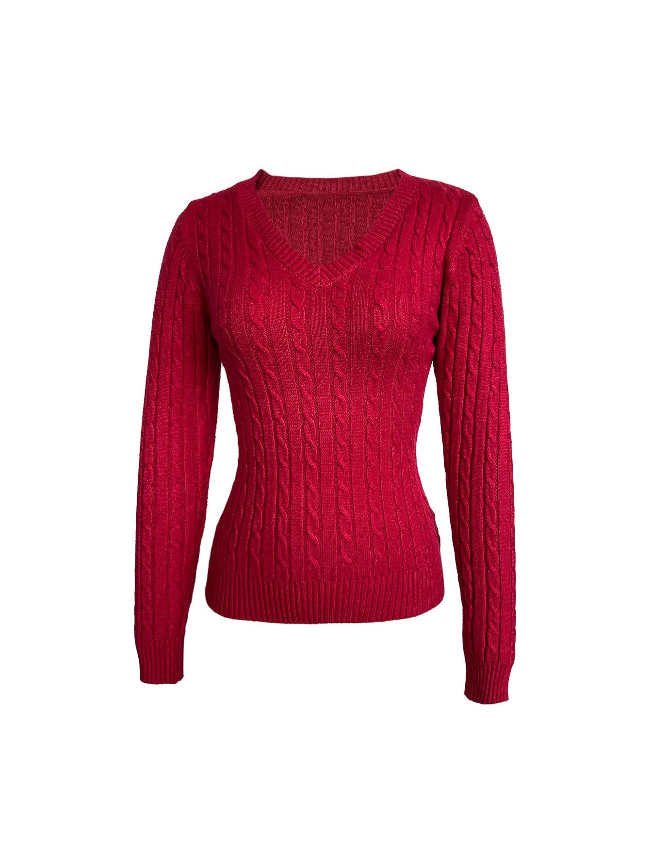 Cardydony Women's Women's Christmas Knit Sweater – Red Cable Knit V-Neck Pullover
