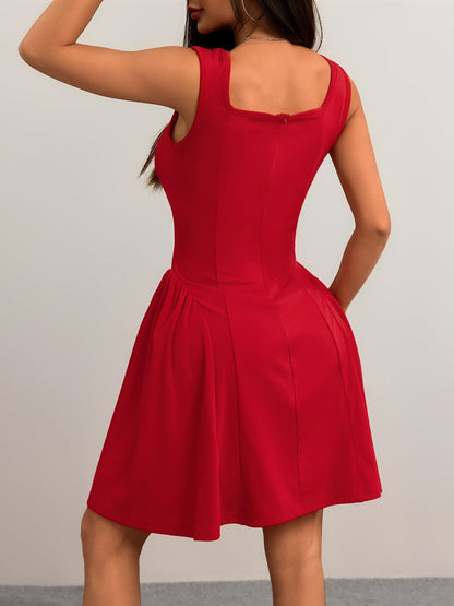Cardydony Women's Square Neck Sleeveless Mini Dress – Flared Fit in Red & Black for Summer