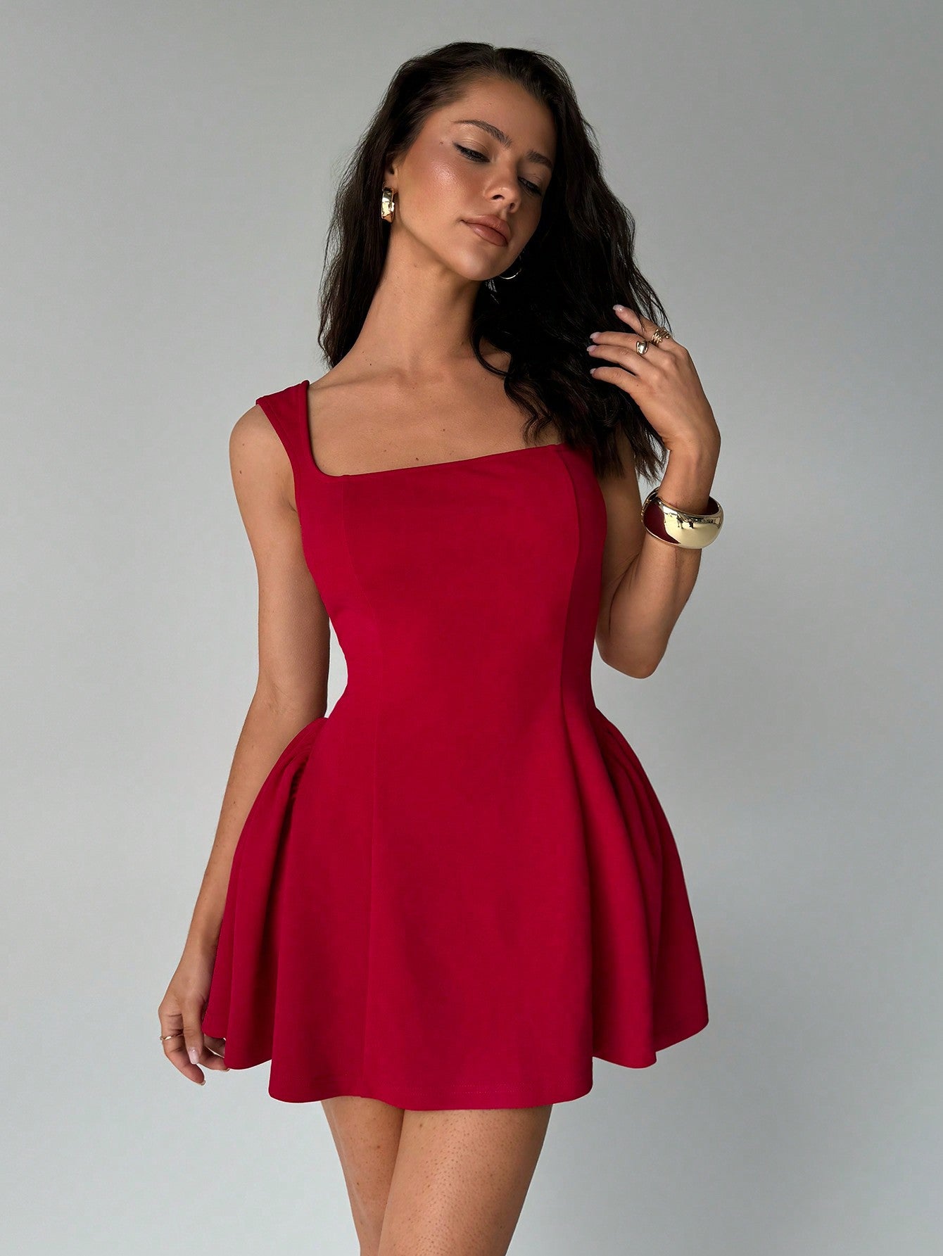 Cardydony Women's Square Neck Sleeveless Mini Dress – Flared Fit in Red & Black for Summer