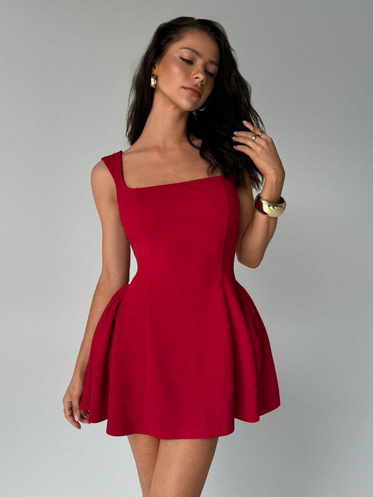 Cardydony Women's Square Neck Sleeveless Mini Dress – Flared Fit in Red & Black for Summer