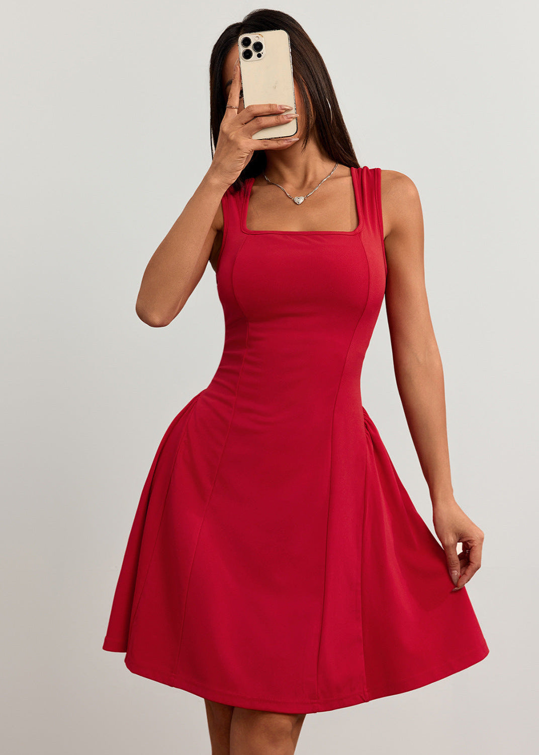 Cardydony Women's Square Neck Sleeveless Mini Dress – Flared Fit in Red & Black for Summer