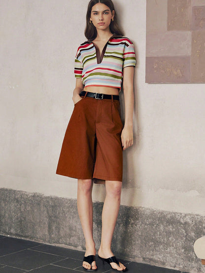 Cardydony Women's Colorful Striped Crop Polo Shirt with Retro Collar – Summer Preppy Top