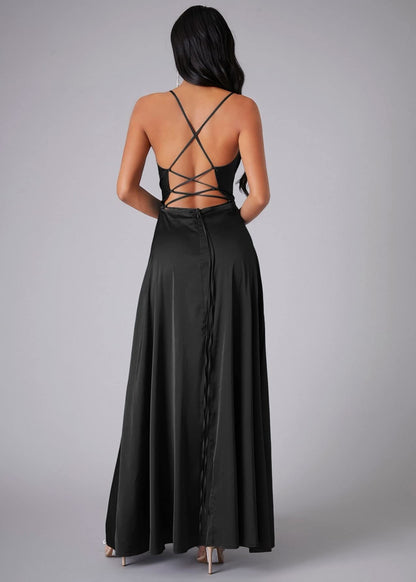 Cardydony Women's Satin Cowl Neck Prom Dress with Open Back and Slit – Elegant Maxi Gown