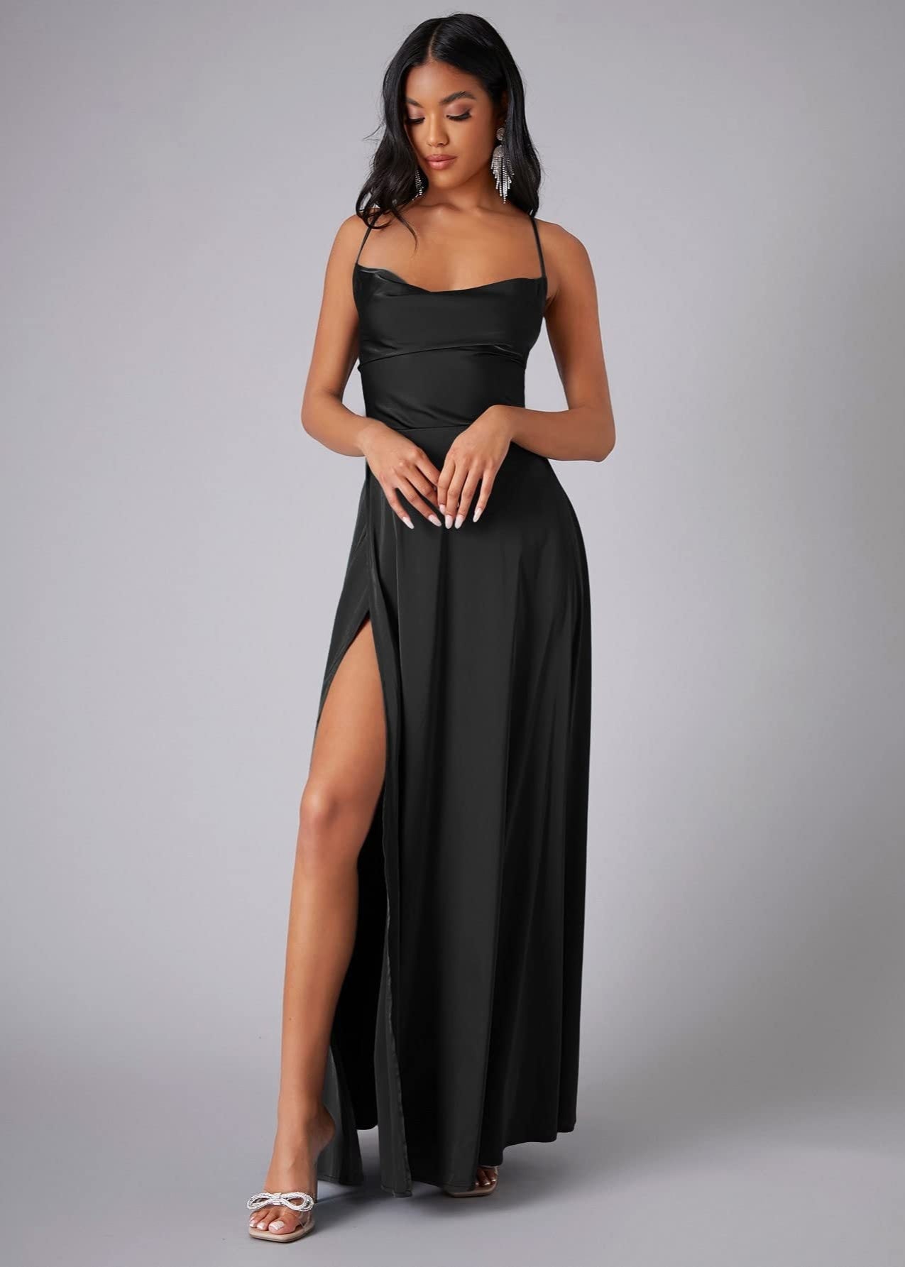 Cardydony Women's Satin Cowl Neck Prom Dress with Open Back and Slit – Elegant Maxi Gown
