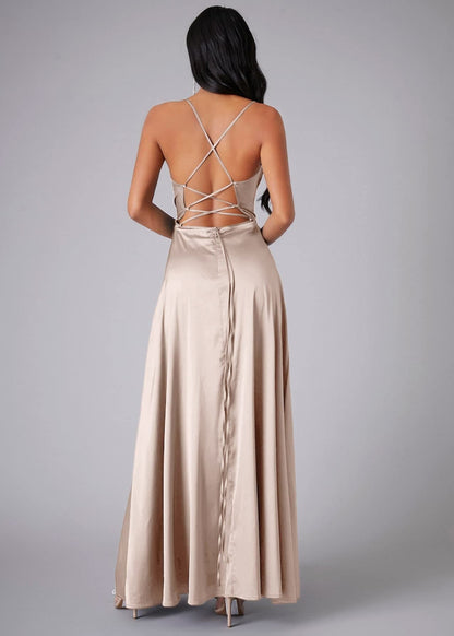 Cardydony Women's Satin Cowl Neck Prom Dress with Open Back and Slit – Elegant Maxi Gown