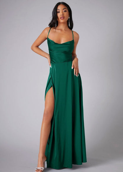 Cardydony Women's Satin Cowl Neck Prom Dress with Open Back and Slit – Elegant Maxi Gown