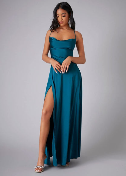 Cardydony Women's Satin Cowl Neck Prom Dress with Open Back and Slit – Elegant Maxi Gown