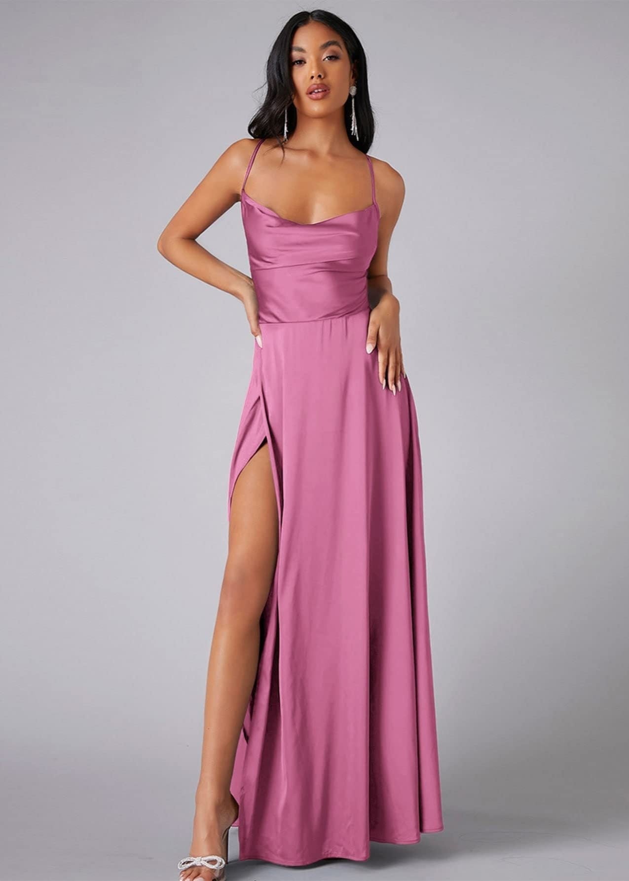 Cardydony Women's Satin Cowl Neck Prom Dress with Open Back and Slit – Elegant Maxi Gown